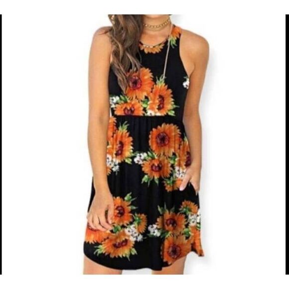 CLASSIC FASHION BLACK, ORANGE, & YELLOW SUNFLOWER DRESS SZ.S NWT. - Picture 1 of 11